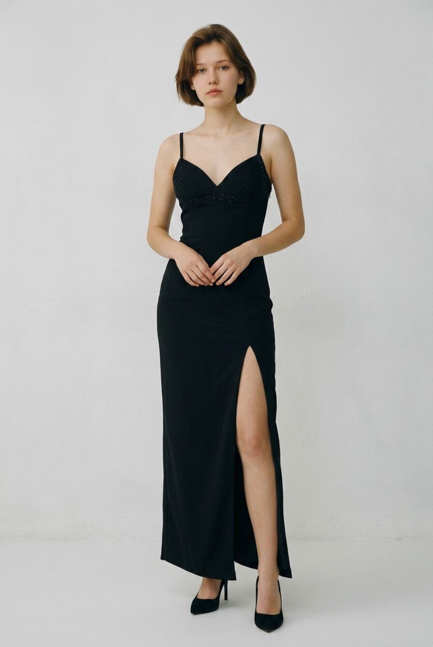 Niteline 6 floor-length black slip gown beaded formal wedding guest ball gala